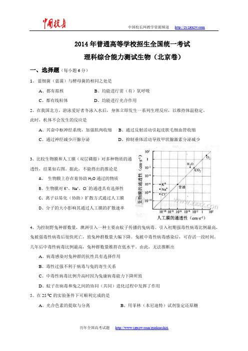 2014年全国高考理综试题及答案-北京卷