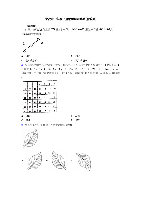 宁波市七年级上册数学期末试卷(含答案)