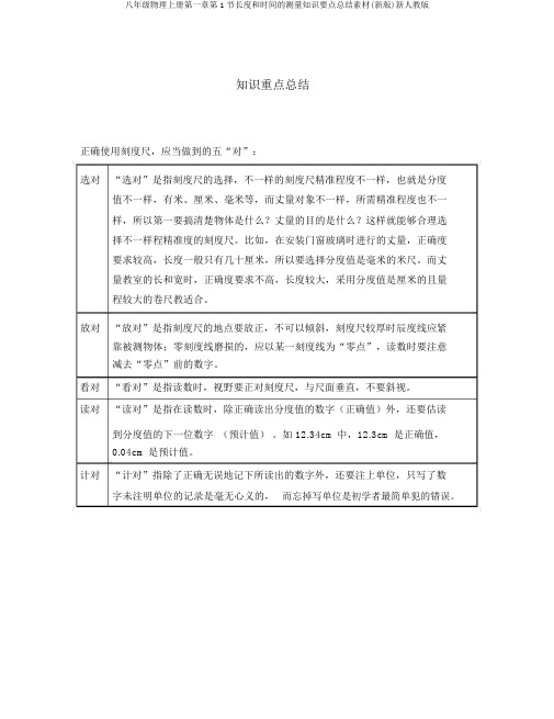 八年级物理上册第一章第1节长度和时间的测量知识要点总结素材(新版)新人教版