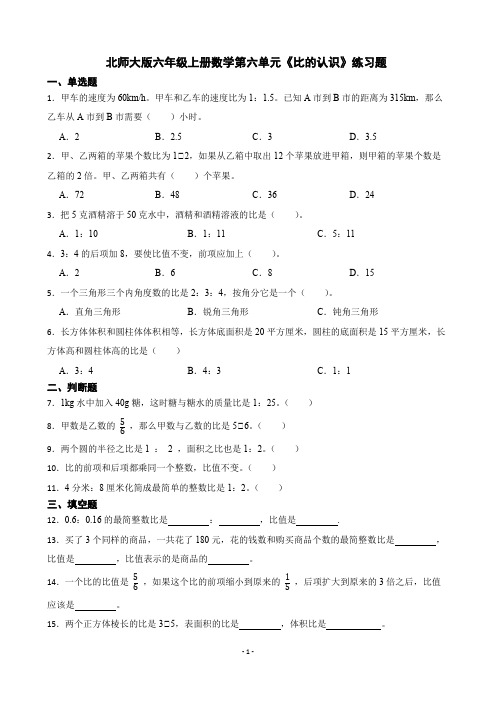 北师大版六年级上册数学第六单元《比的认识》练习题