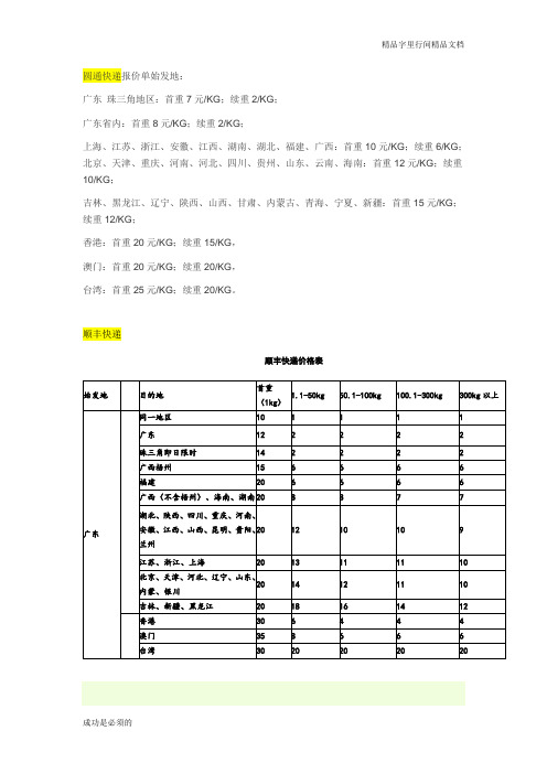 深圳发出常用快递价格表