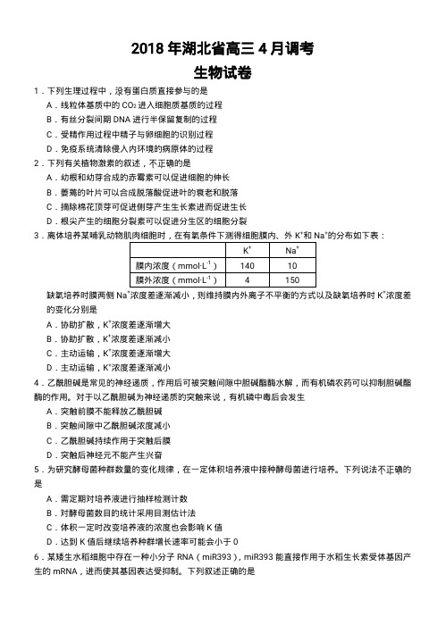 2018湖北省高三4月调考生物试题(3)