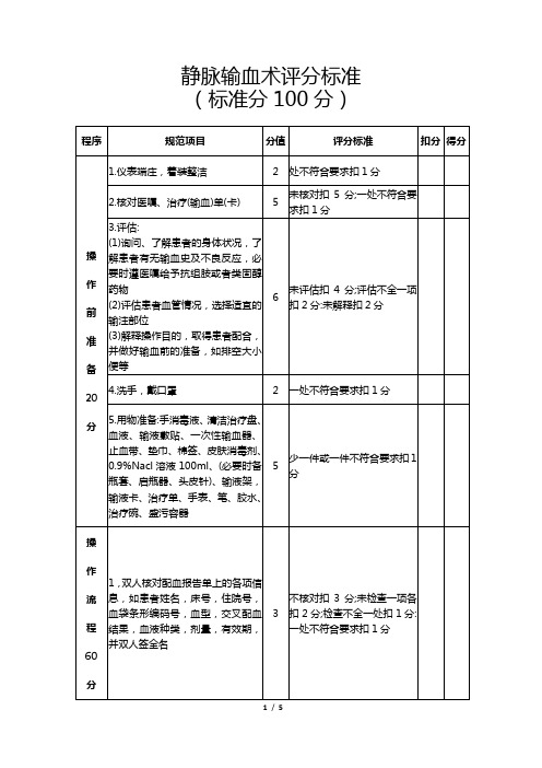 10、静脉输血术评分标准