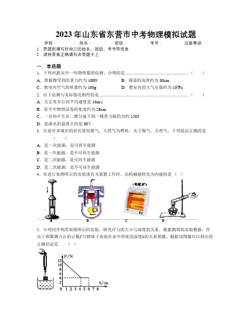 2023年山东省东营市中考物理模拟试题及解析