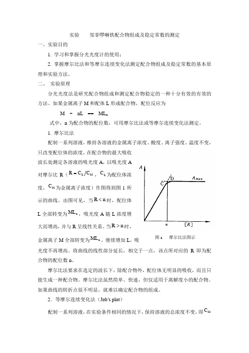 紫外实验    邻菲啰啉铁配合物组成及稳定常数的测定