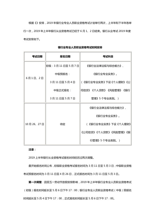 2019年银行从业考试时间安排表