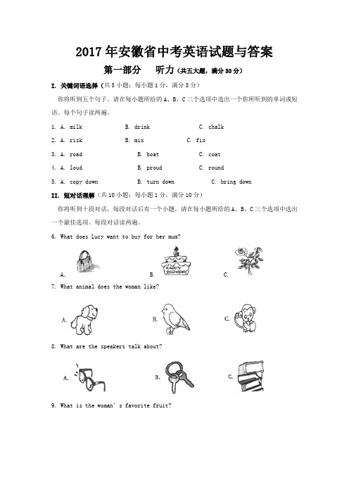 2017年安徽省中考英语试题与答案