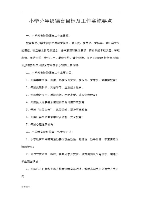 小学分年级德育目标及工作实施要点