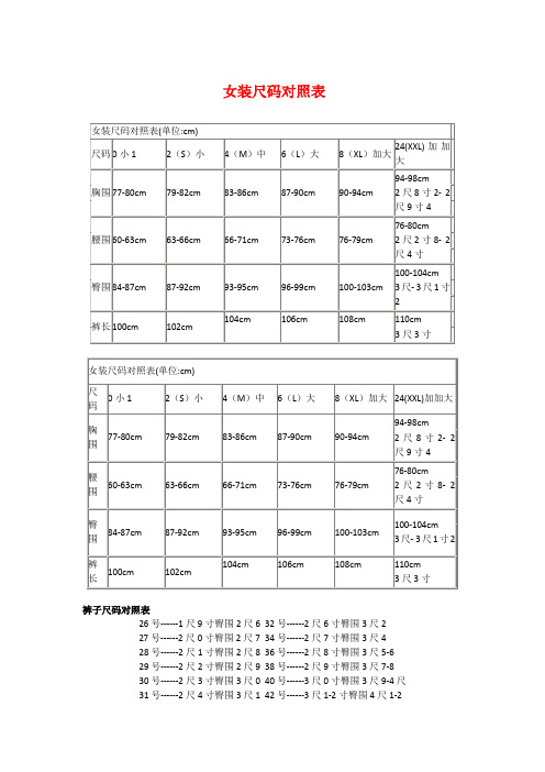 最全女装尺码对照表