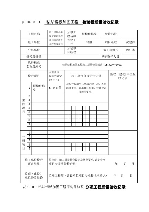 学校粘帖钢板加固工程检验批质量验收记录