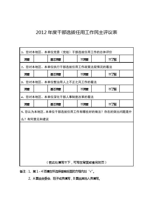 2012年度干部选拔任用工作民主评议表【模板】