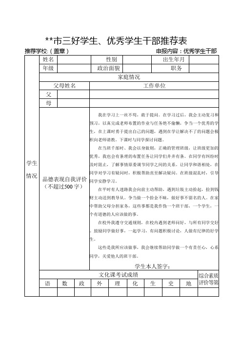 市三好学生、优秀学生干部推荐表范文