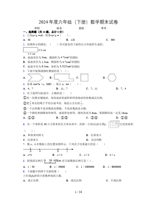 2024年度六年级(下册)数学期末试卷及详细答案解析20