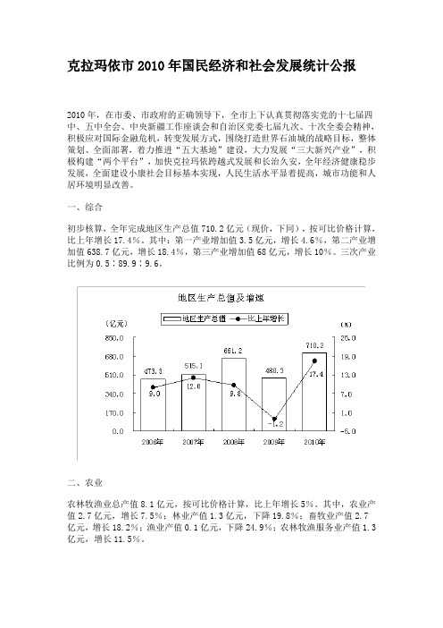 克拉玛依市2010年国民经济和社会发展统计公报