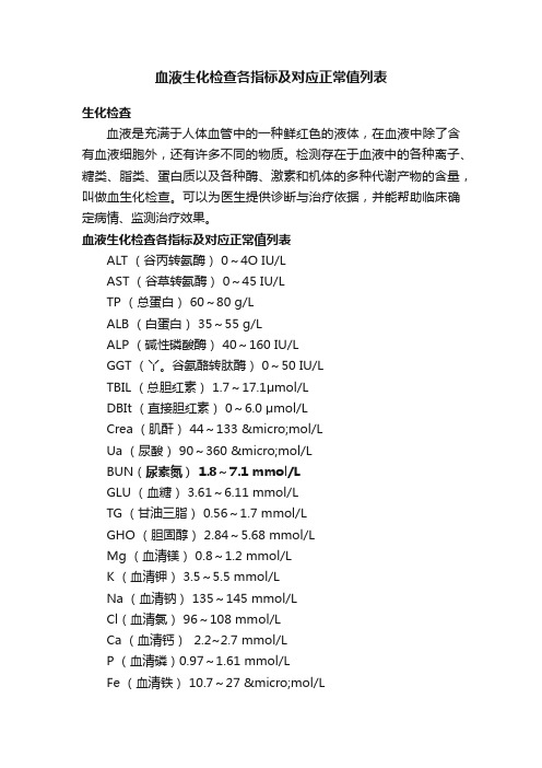 血液生化检查各指标及对应正常值列表