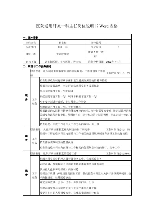 医院通用肝炎一科主任岗位说明书Word表格