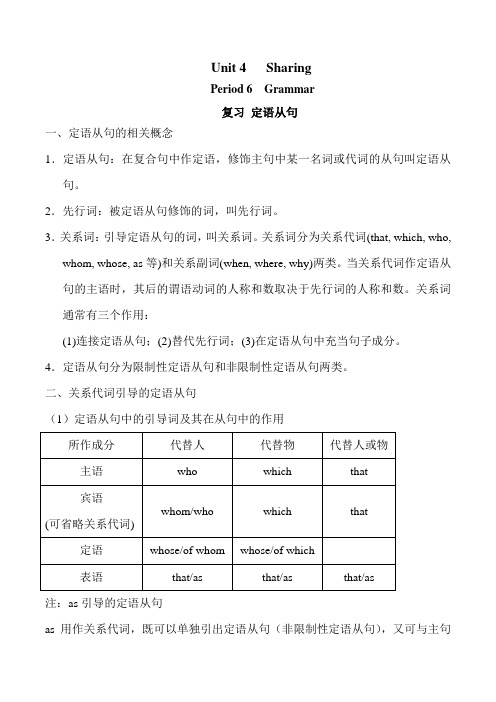 人教新课标2019-2020年高二选修7 Unit 4 Sharing grammar 复习定语从句