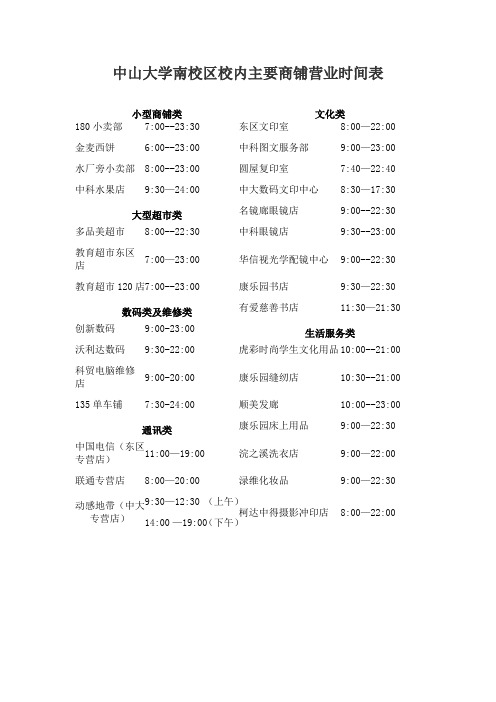 中山大学南校区校内主要商铺营业时间表