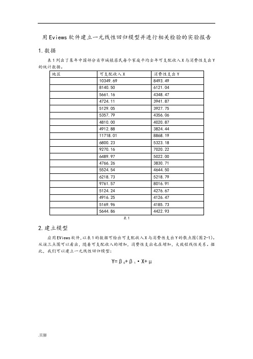 用Eviews软件建立一元线性回归模型并进行相关检验的实验报告