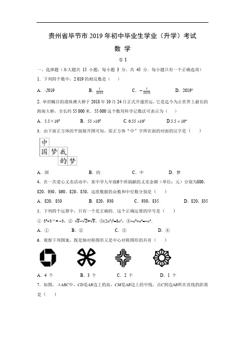 2019年中考数学试题-2019年贵州省毕节市中考试题