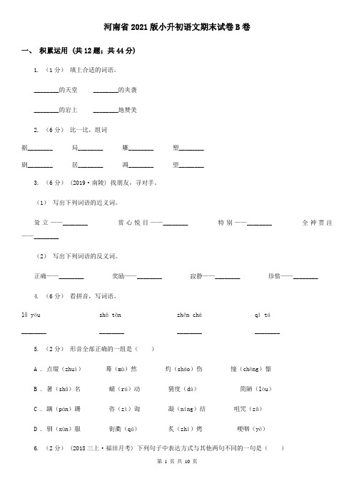 河南省2021版小升初语文期末试卷B卷(精编)