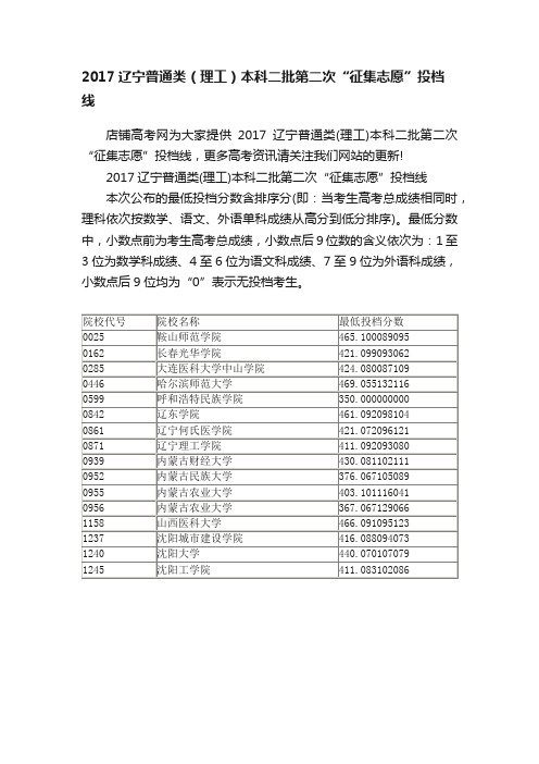 2017辽宁普通类（理工）本科二批第二次“征集志愿”投档线