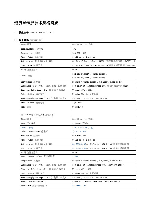 透明显示屏技术规格摘要