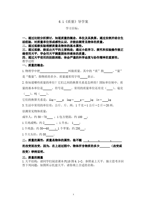 人教版八年级物理上册6.1质量导学案