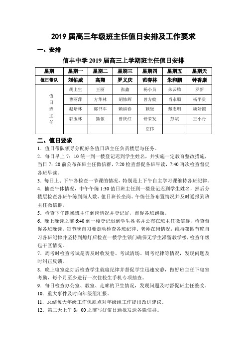 2019届高三年级班主任值日安排及工作要求