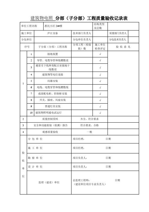 建筑物电照 分部(子分部)工程质量验收记录表