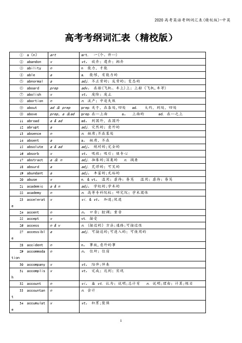 2020高考英语考纲词汇表(精校版)-中英