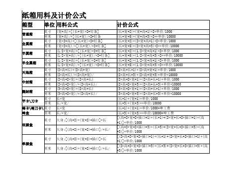 纸箱用料及计价公式