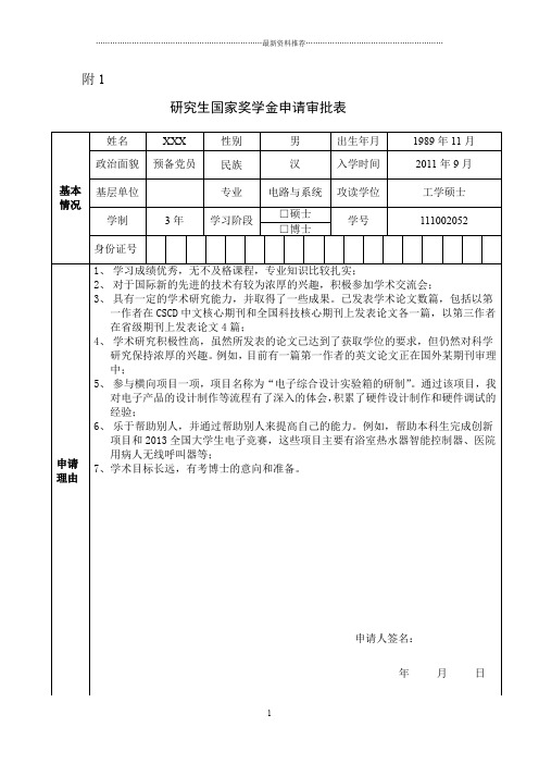 研究生国家奖学金申请表范文精编版