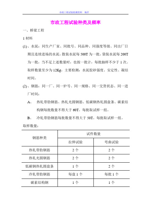 市政工程试验种类及频率1