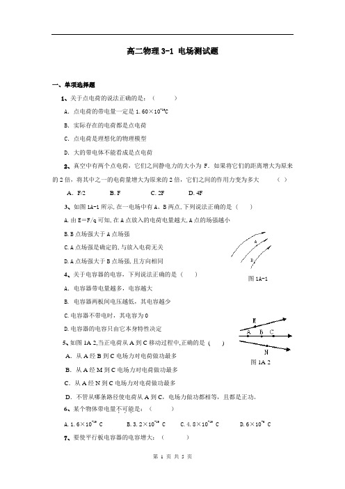 高二物理选修3-1电场测试题