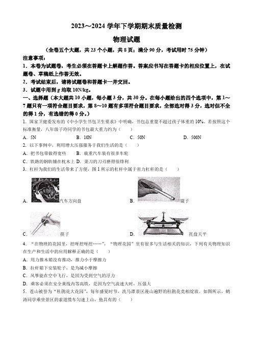 云南省大理白族自治州大理市2023-2024学年八年级下学期7月期末物理试题(含答案)