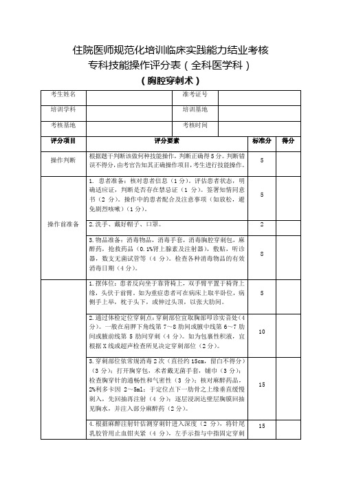 住院医师规范化培训临床实践能力结业考核专科技能操作评分表(全科医学科)胸腔穿刺术