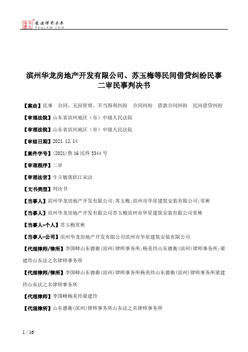 滨州华龙房地产开发有限公司、苏玉梅等民间借贷纠纷民事二审民事判决书