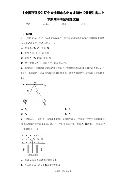 辽宁省沈阳市东北育才学高二上学期期中考试物理试题含答案解析