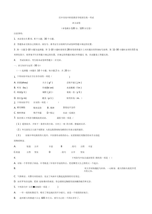 2020届中考模拟四川省巴中市中考语文模拟试题