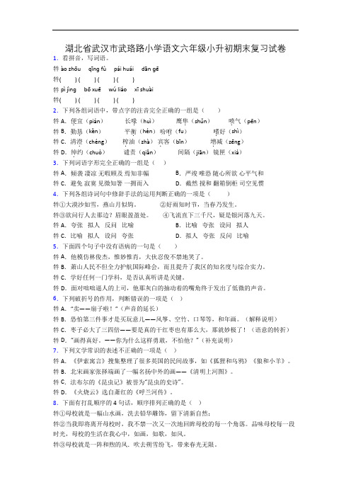 湖北省武汉市武珞路小学语文六年级小升初期末复习试卷