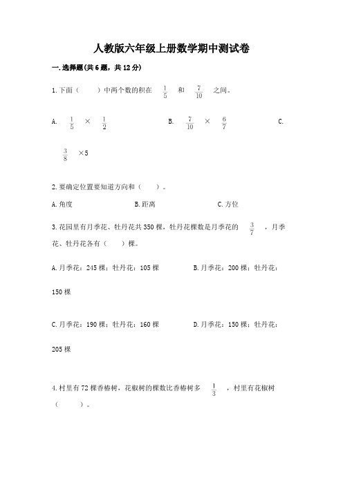 人教版六年级上册数学期中测试卷附参考答案【a卷】