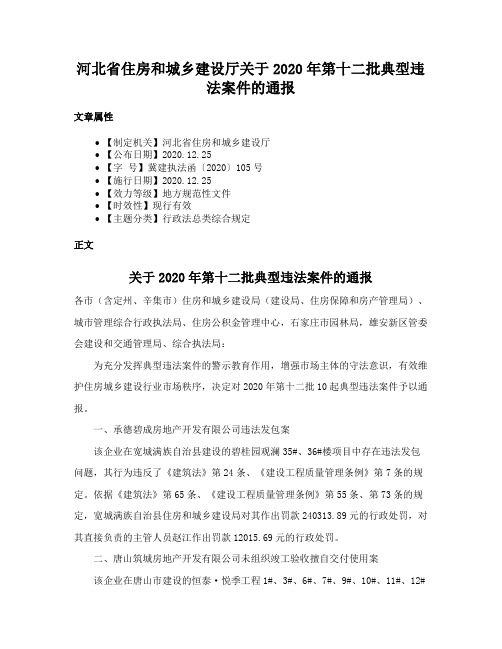 河北省住房和城乡建设厅关于2020年第十二批典型违法案件的通报