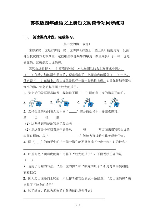 苏教版四年级语文上册短文阅读专项同步练习