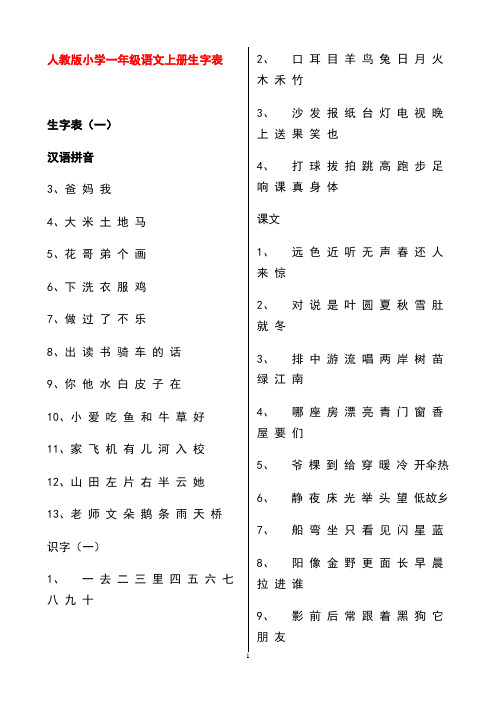 人教版小学一年级语文上册生字表