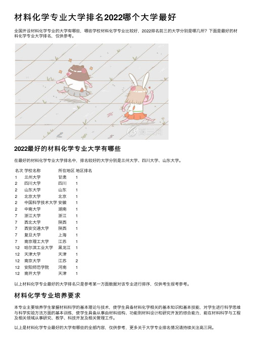 材料化学专业大学排名2022哪个大学最好