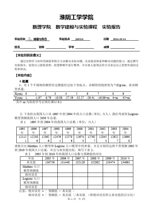 数学建模实验报告2 插值与拟合