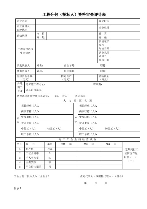 工程分包(投标)资格审核评价表