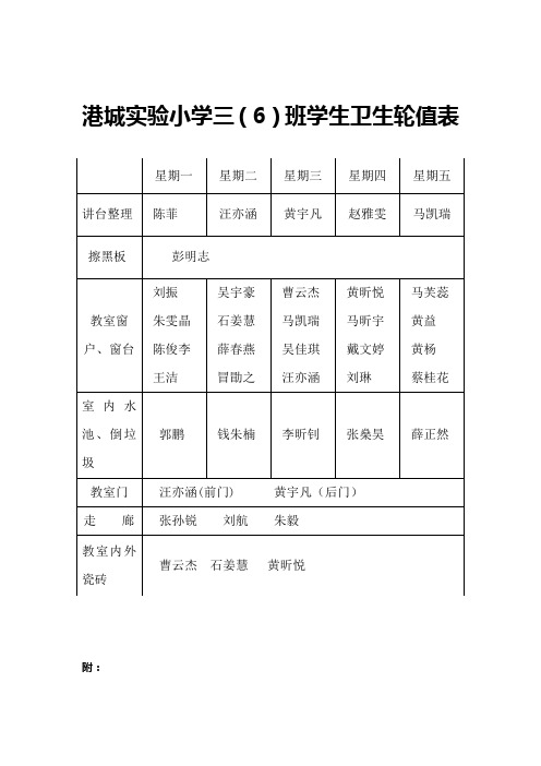 三(6)班卫生轮值表