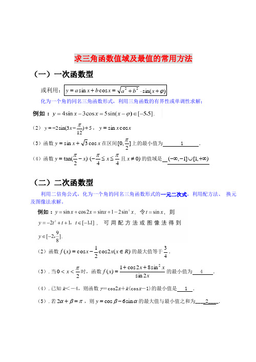 求三角函数值域及最值的常用方法+练习题